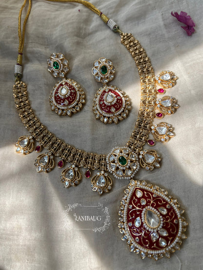 Sachi Long Gold Plated Enamel And Kundan Teardrop Pendant Necklace By Ranibaug