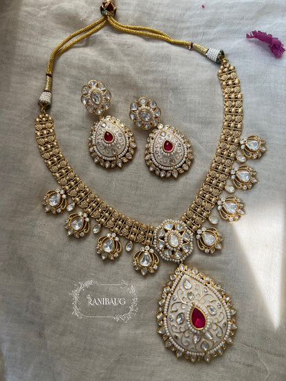 Sachi Long Gold Plated Enamel And Kundan Teardrop Pendant Necklace By Ranibaug