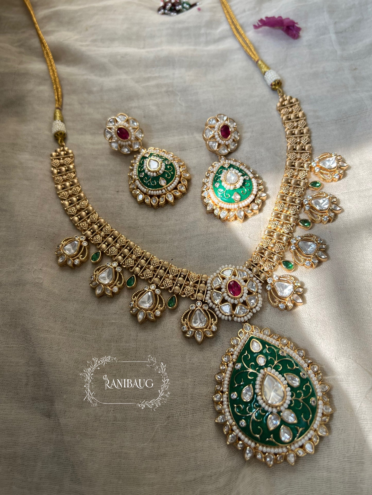 Sachi Long Gold Plated Enamel And Kundan Teardrop Pendant Necklace By Ranibaug