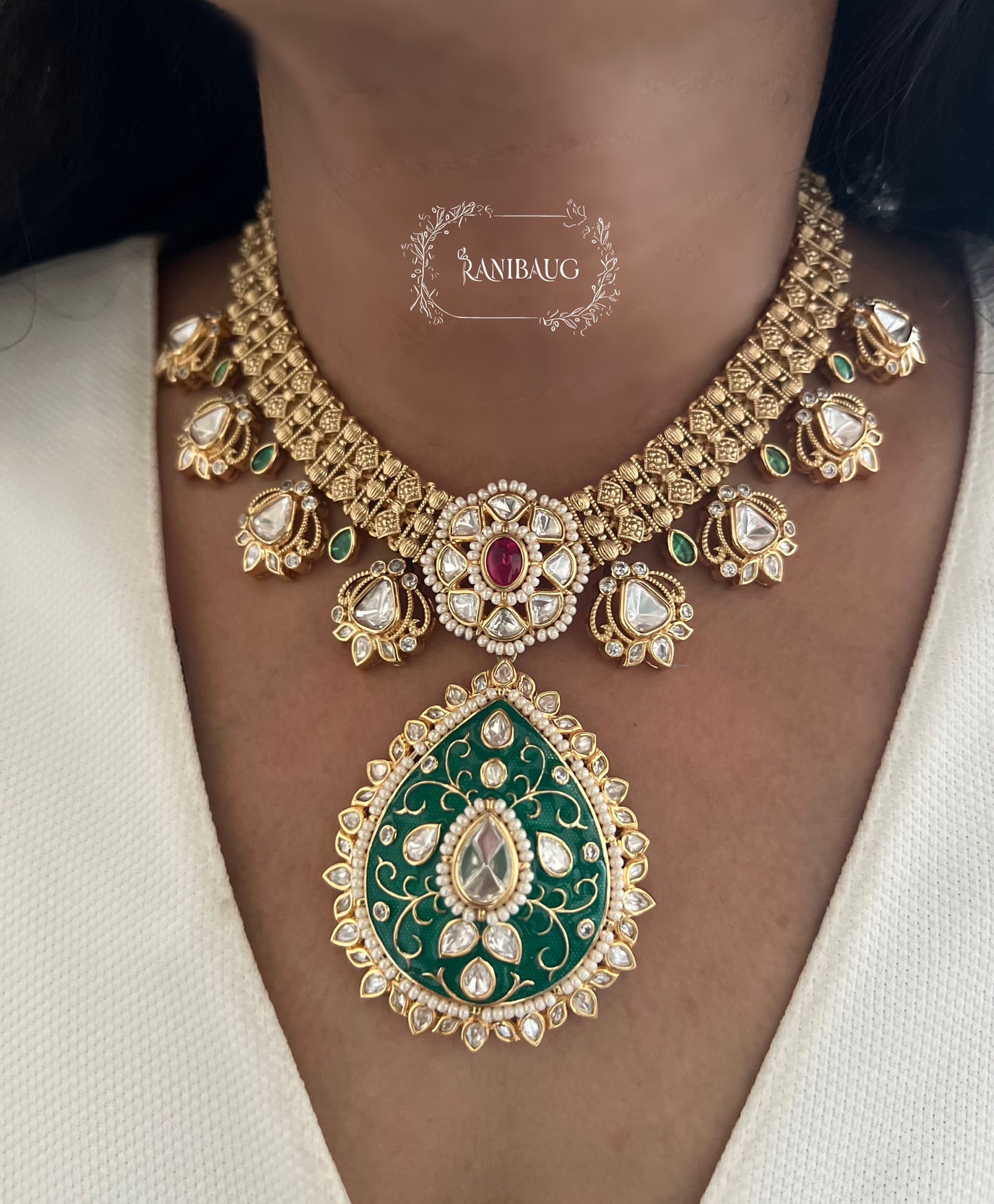 Sachi Long Gold Plated Enamel And Kundan Teardrop Pendant Necklace By Ranibaug