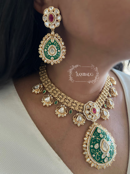 Sachi Long Gold Plated Enamel And Kundan Teardrop Pendant Necklace By Ranibaug