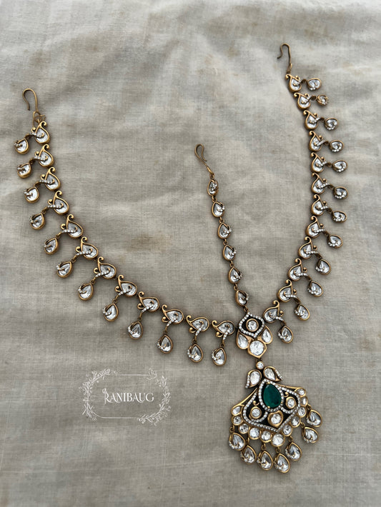Sachiya Statement Antique Gold Finish Cascading Mossainite Polki Sheeshphool With Polki Drops Royal Bridal Hair Jewelry By Ranibaug