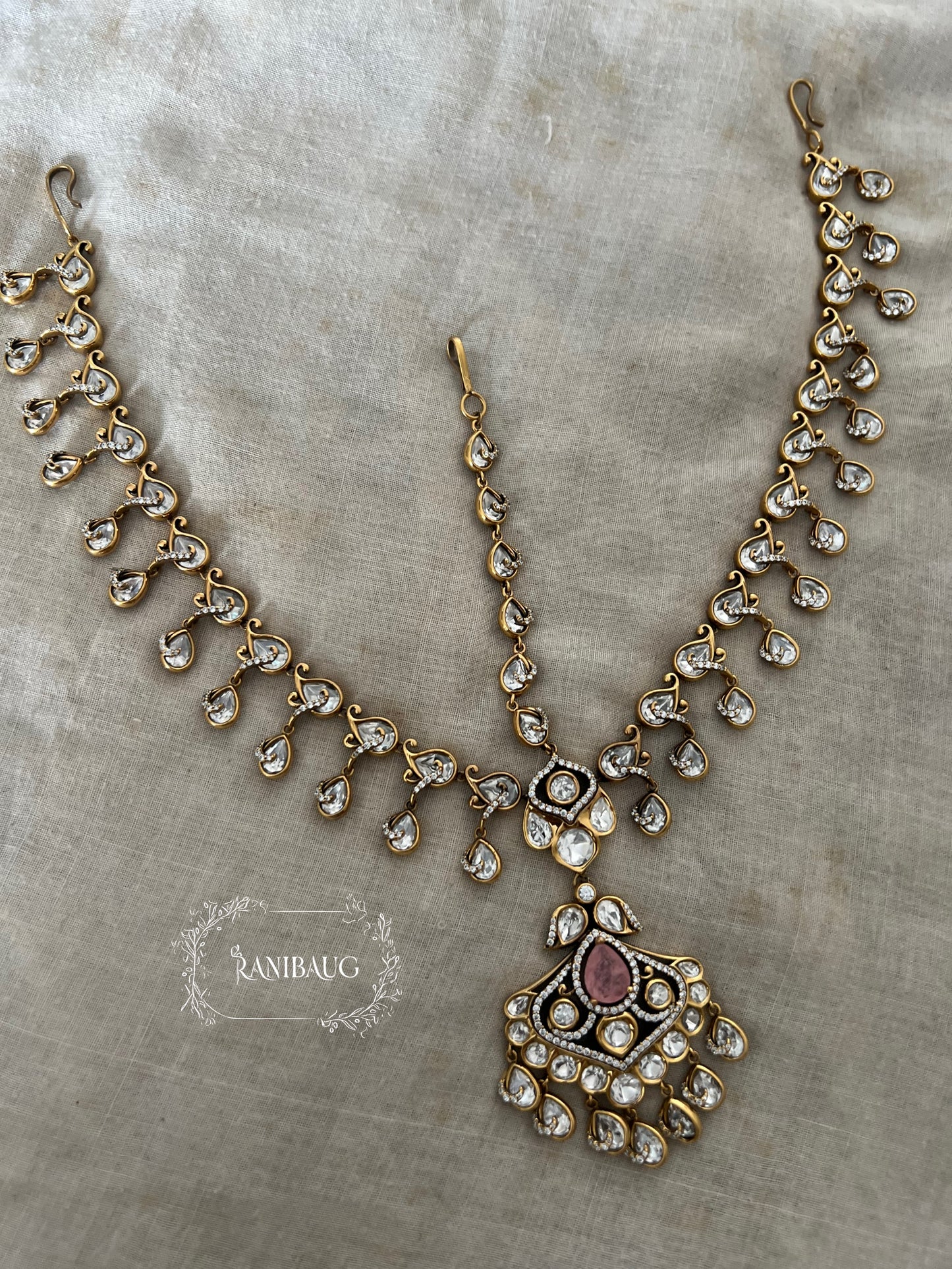 Sachiya Statement Antique Gold Finish Cascading Mossainite Polki Sheeshphool With Polki Drops Royal Bridal Hair Jewelry By Ranibaug