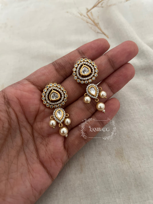 Sadhna Polki Kundan Gold Plated Stud Earrings With Dangling Pearls By Ranibaug