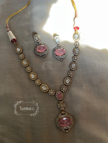 Saira Gemstone And Polki Minimal Gold Finish Jewellery Necklace Set By Ranibaug