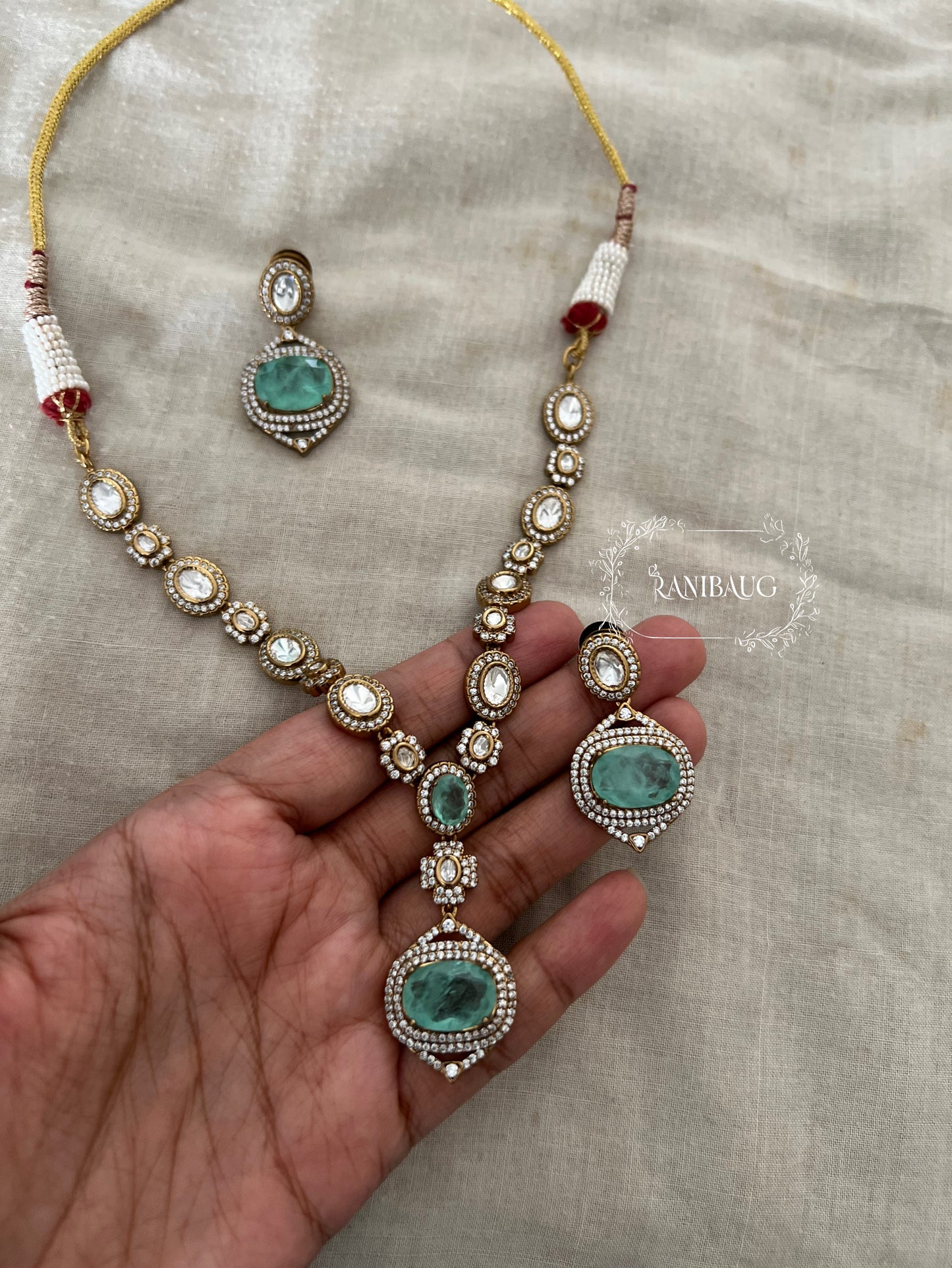 Saira Gemstone And Polki Minimal Gold Finish Jewellery Necklace Set By Ranibaug