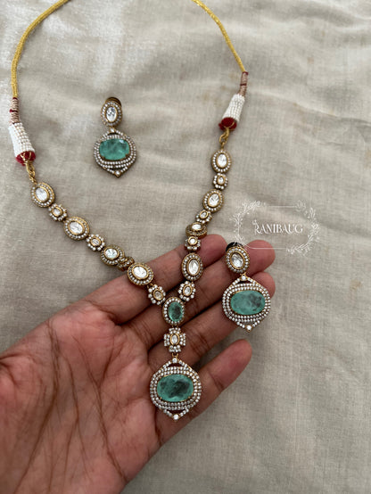 Saira Gemstone And Polki Minimal Gold Finish Jewellery Necklace Set By Ranibaug