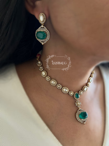 Saira Gemstone And Polki Minimal Gold Finish Jewellery Necklace Set By Ranibaug