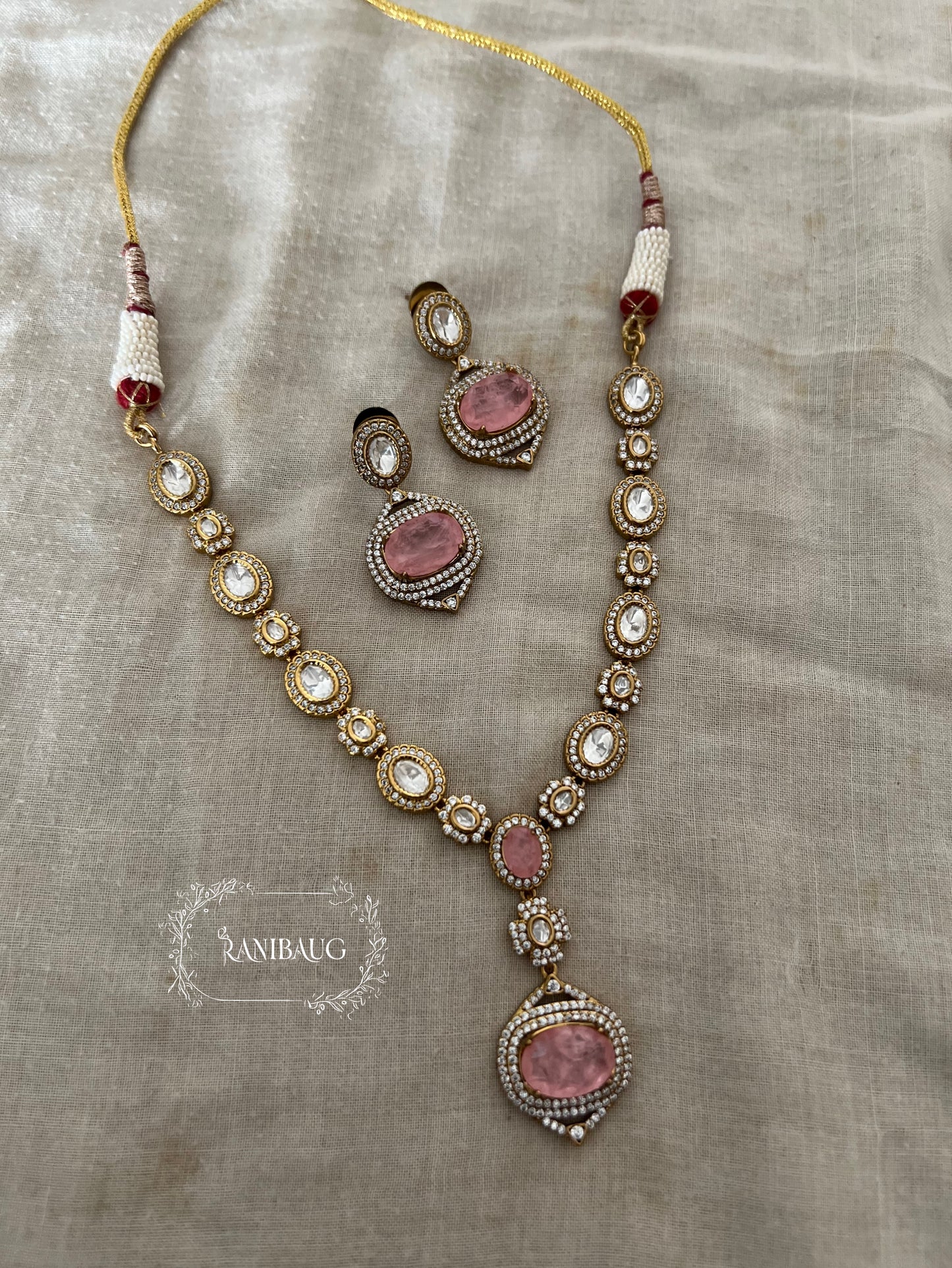 Saira Gemstone And Polki Minimal Gold Finish Jewellery Necklace Set By Ranibaug