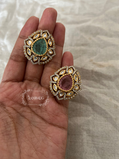 Saira Teardrop Motif Ring In Matt Royal Tone Stones Outlined With Polki And Zirconnia In Rich Gold Finish By Ranibaug