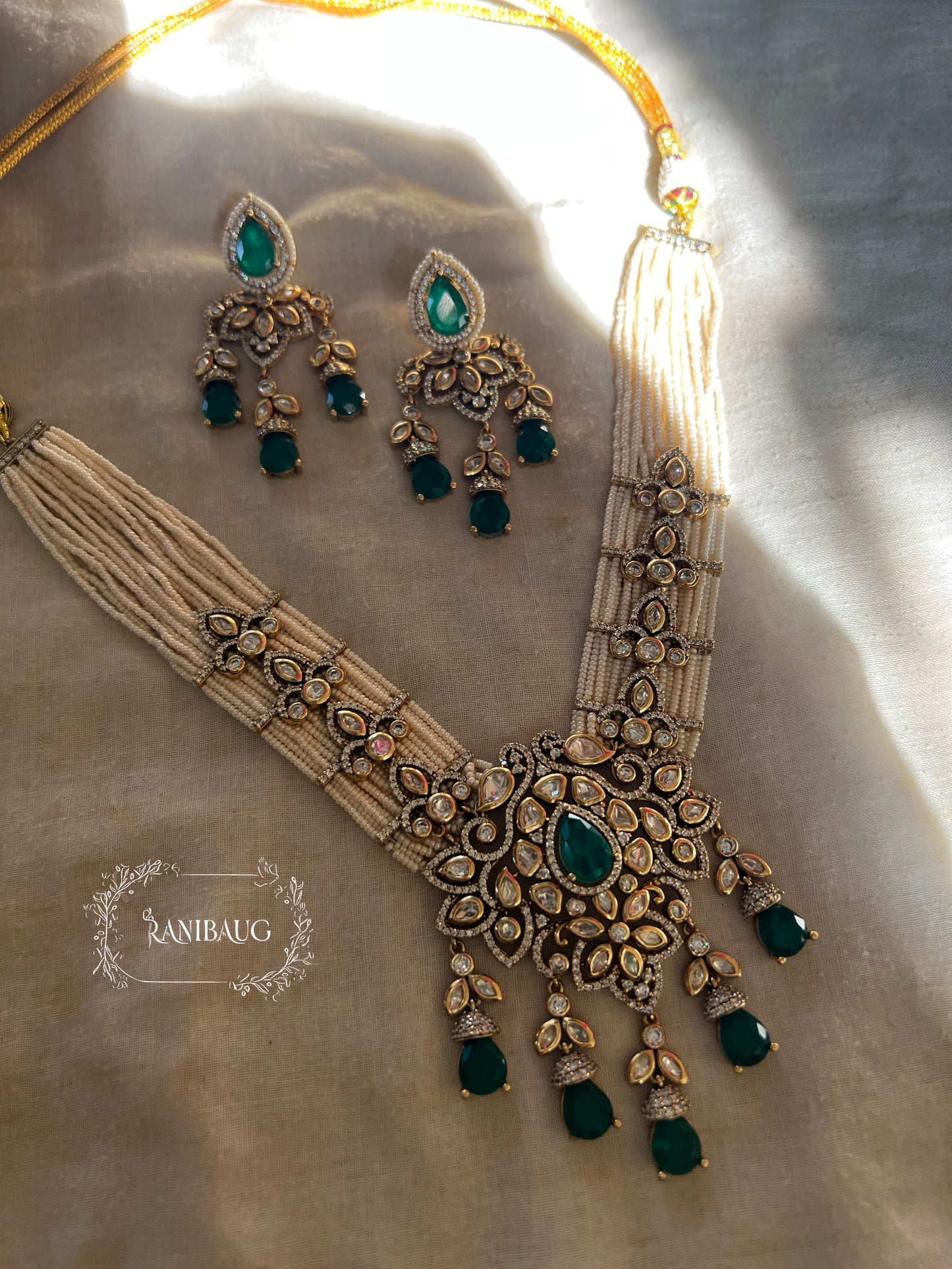 Saisha Color Gems Drops Polki Studded Victorian Gold Finish Pearl Strand Necklace Jewellery Set By Ranibaug