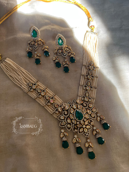 Saisha Color Gems Drops Polki Studded Victorian Gold Finish Pearl Strand Necklace Jewellery Set By Ranibaug