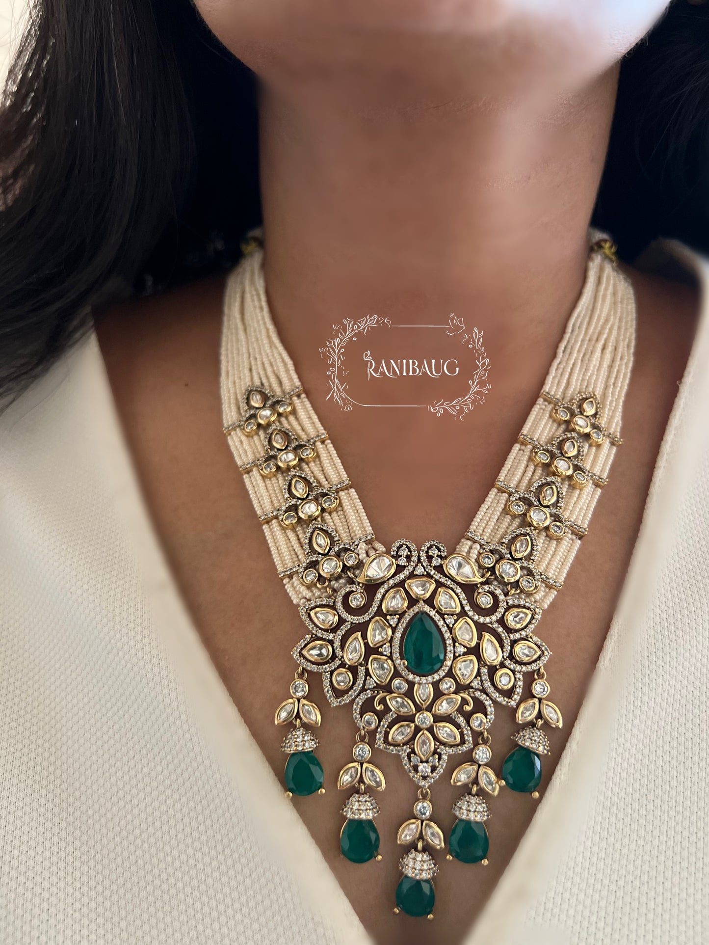 Saisha Color Gems Drops Polki Studded Victorian Gold Finish Pearl Strand Necklace Jewellery Set By Ranibaug