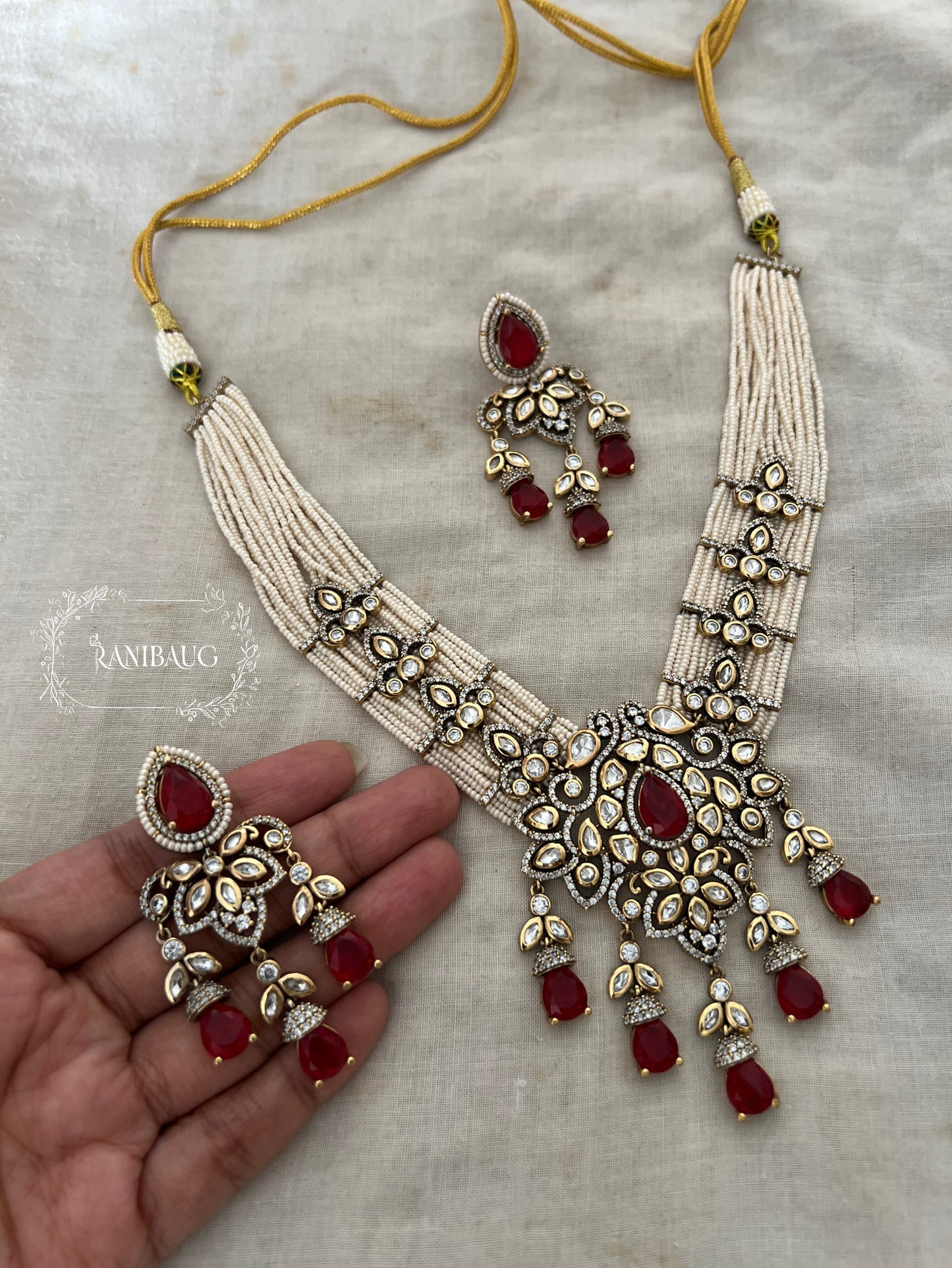 Saisha Color Gems Drops Polki Studded Victorian Gold Finish Pearl Strand Necklace Jewellery Set By Ranibaug