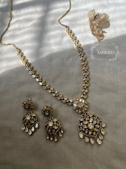 Saisha Royal Charm Victorian Finish Mossainite Jewellery Set By Ranibaug | Long Necklace With Earrings