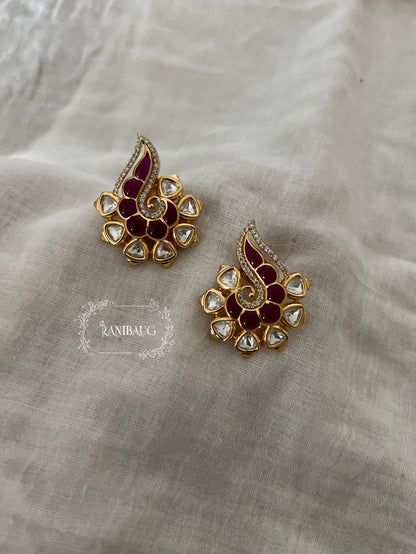 Saisha Swirl Polki Emerald Ruby Enamel Wedding Ready Festive Ear Studs By Ranibaug