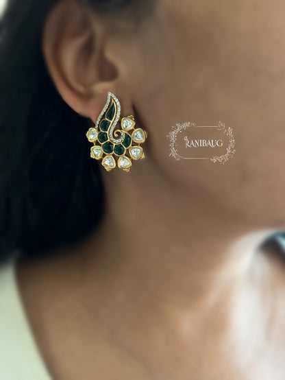 Saisha Swirl Polki Emerald Ruby Enamel Wedding Ready Festive Ear Studs By Ranibaug