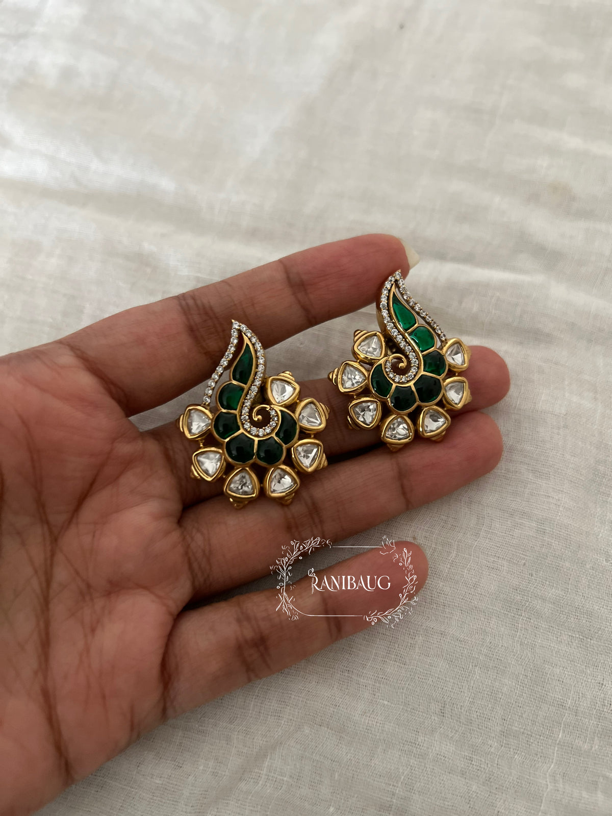 Saisha Swirl Polki Emerald Ruby Enamel Wedding Ready Festive Ear Studs By Ranibaug