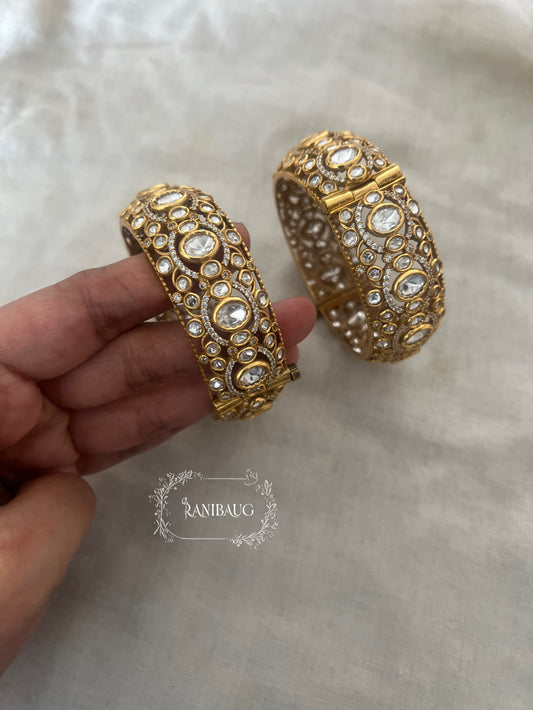 Sajan Heirloom Statement Mossainite Stones  Studded Bangle For Special Occasions In Premium Quality Gold Finish By Ranibaug | Wedding Bangles For Bride