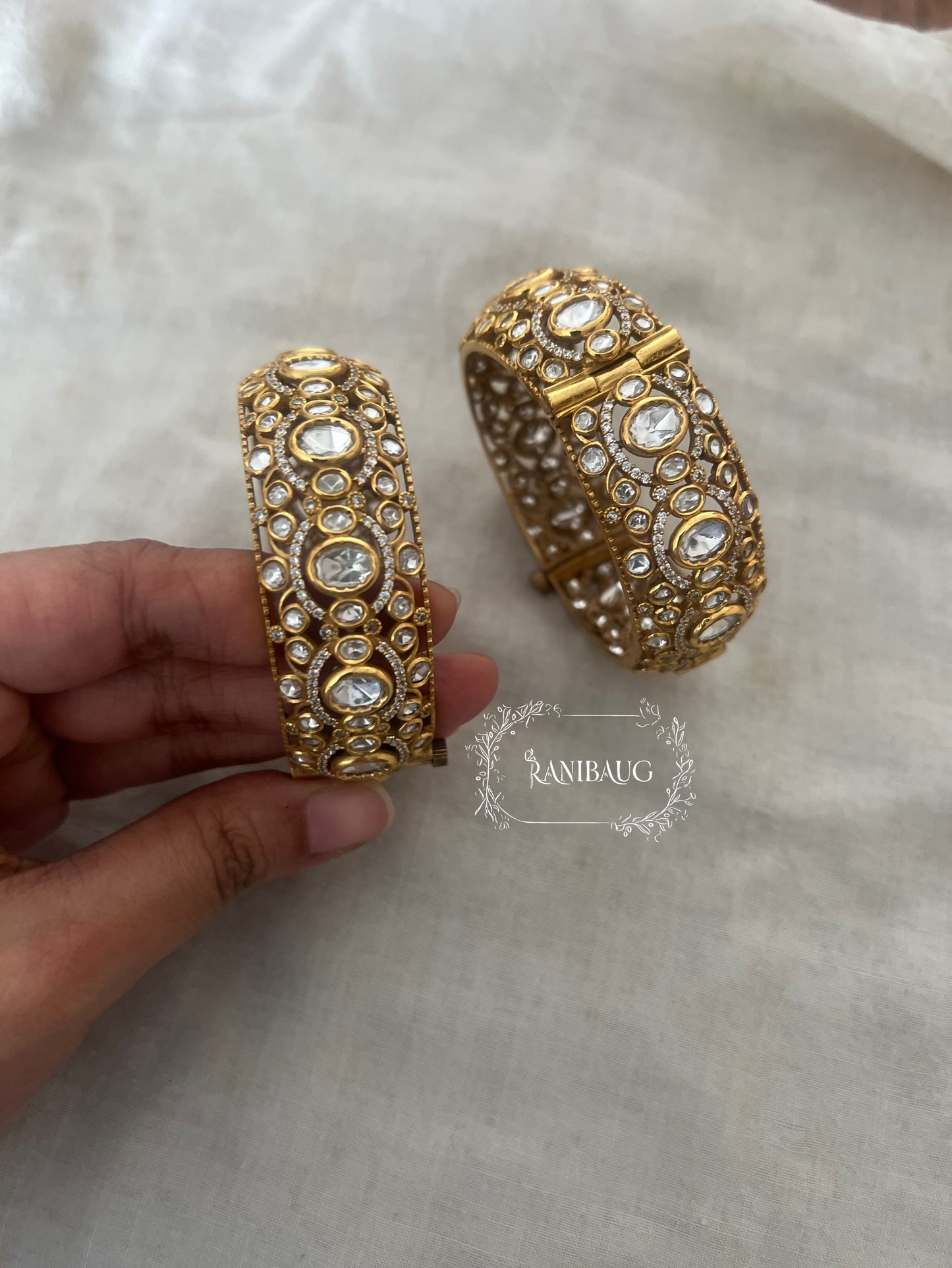 Sajan Heirloom Statement Mossainite Stones  Studded Bangle For Special Occasions In Premium Quality Gold Finish By Ranibaug | Wedding Bangles For Bride