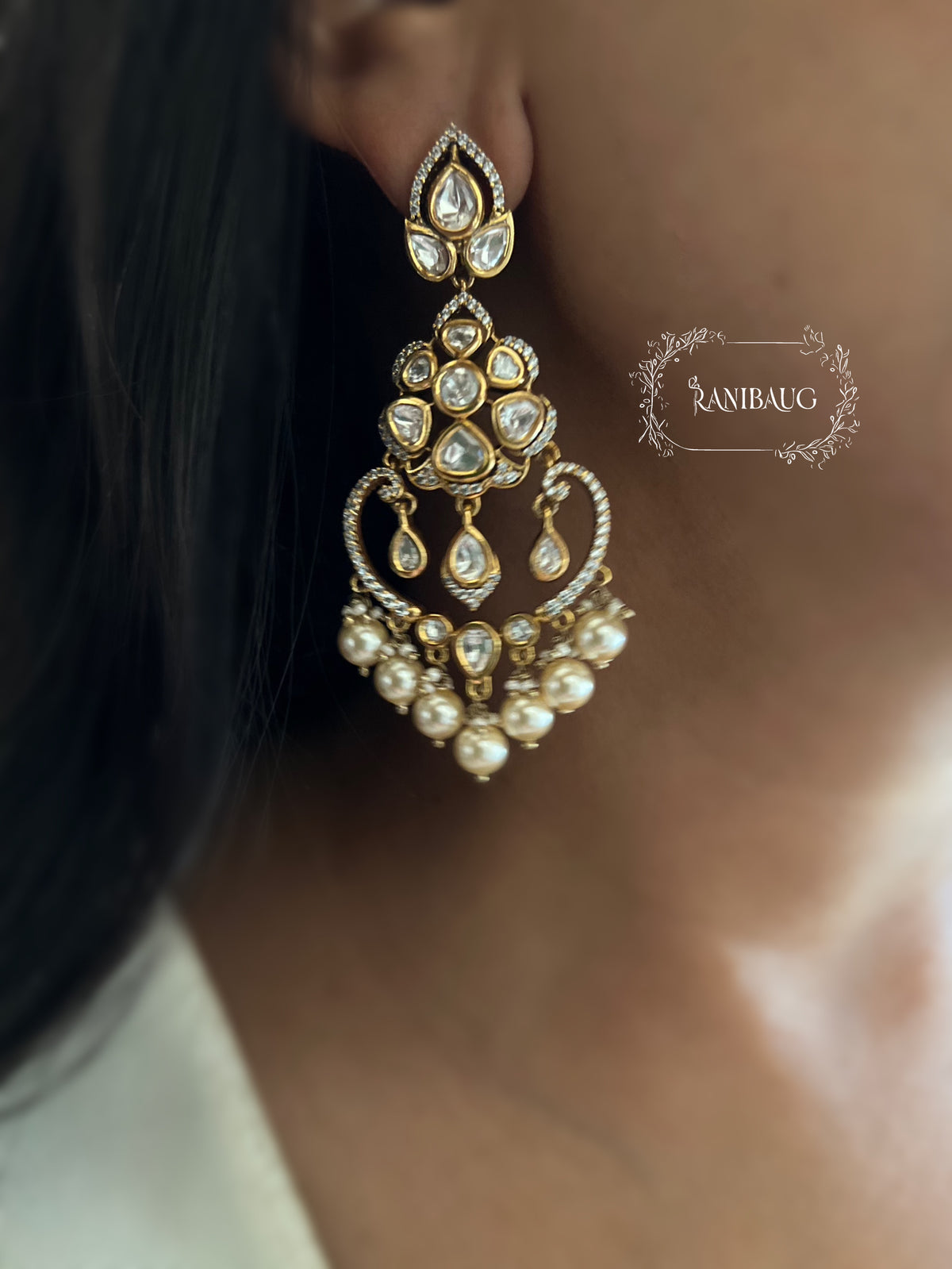 Sakshi Simple Kundan Pearl Gold Finish Festive Pearl Adorned Chandbali By Ranibaug