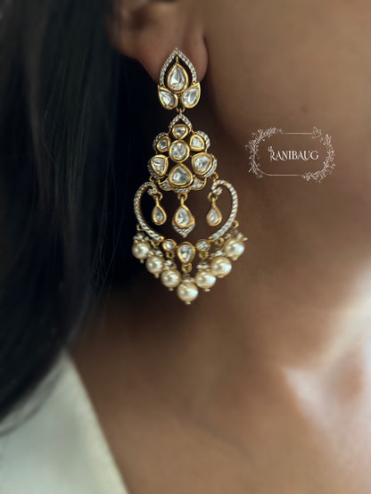 Sakshi Simple Kundan Pearl Gold Finish Festive Pearl Adorned Chandbali By Ranibaug