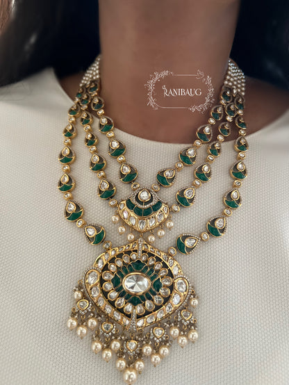 Salonee Green Layered Polki Studded Long Necklace Set Adorned With Creamy Pearls By Ranibaug