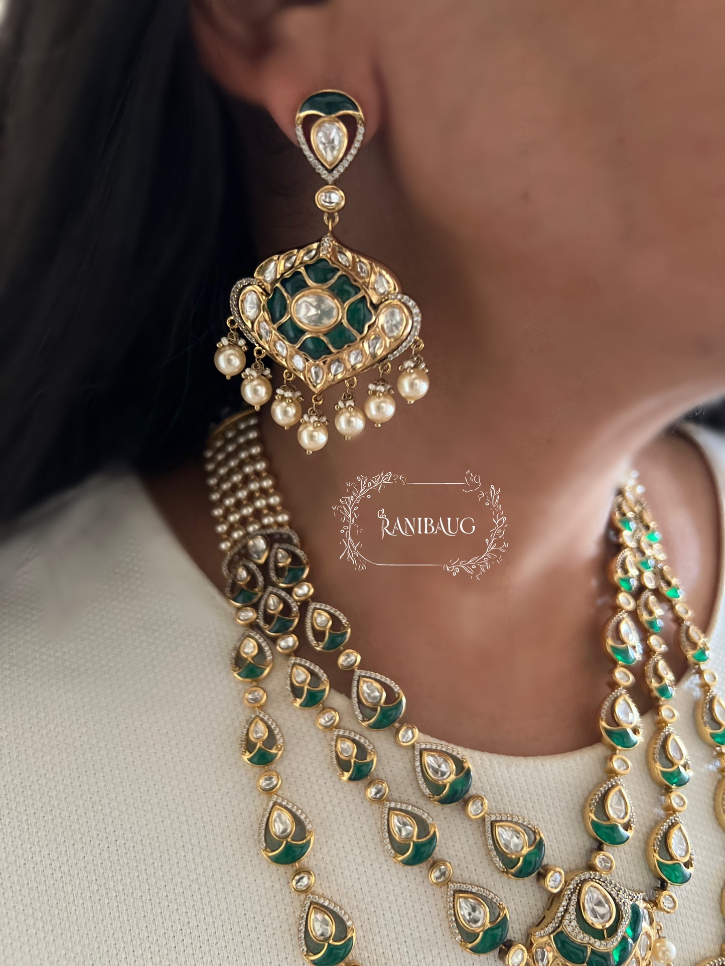 Salonee Green Layered Polki Studded Long Necklace Set Adorned With Creamy Pearls By Ranibaug