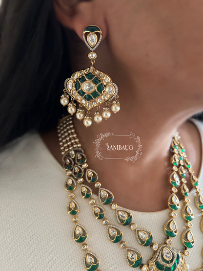 Salonee Green Layered Polki Studded Long Necklace Set Adorned With Creamy Pearls By Ranibaug