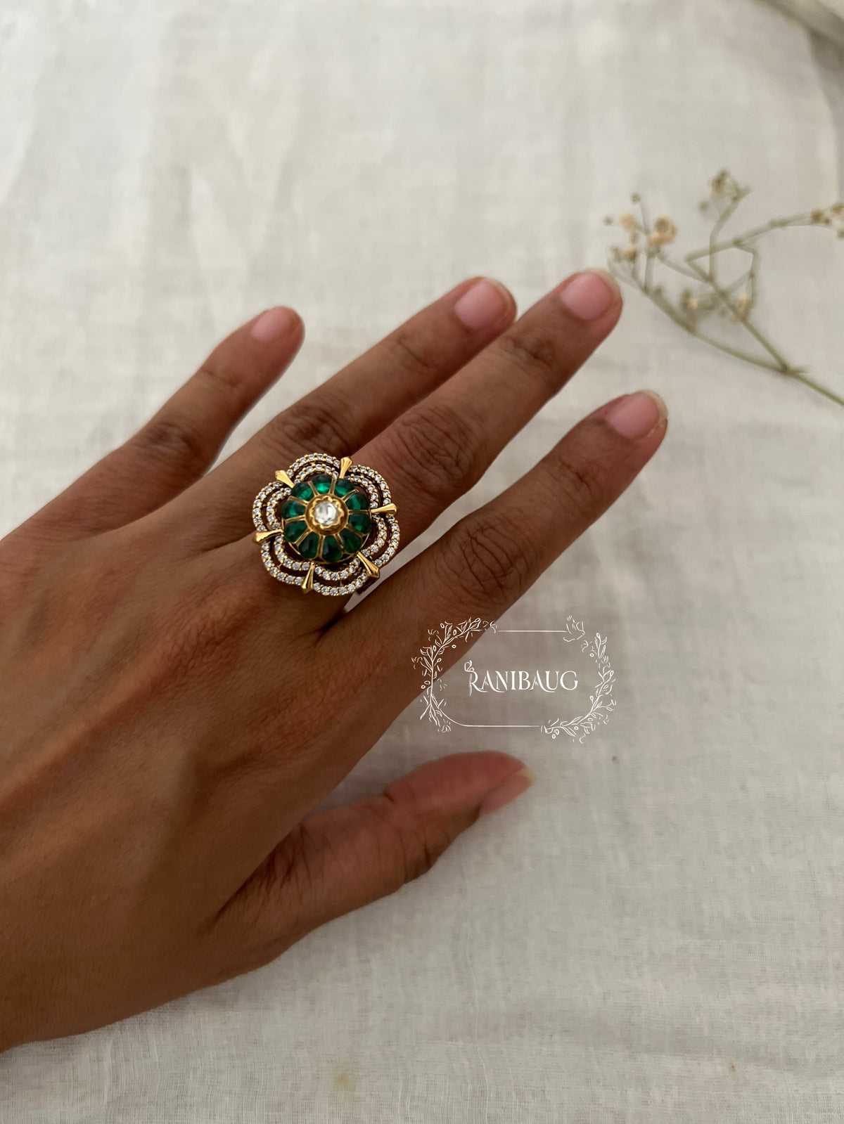 Salonee Ruby Emerald Floral Polki Festive Ring Jewelry By Ranibaug