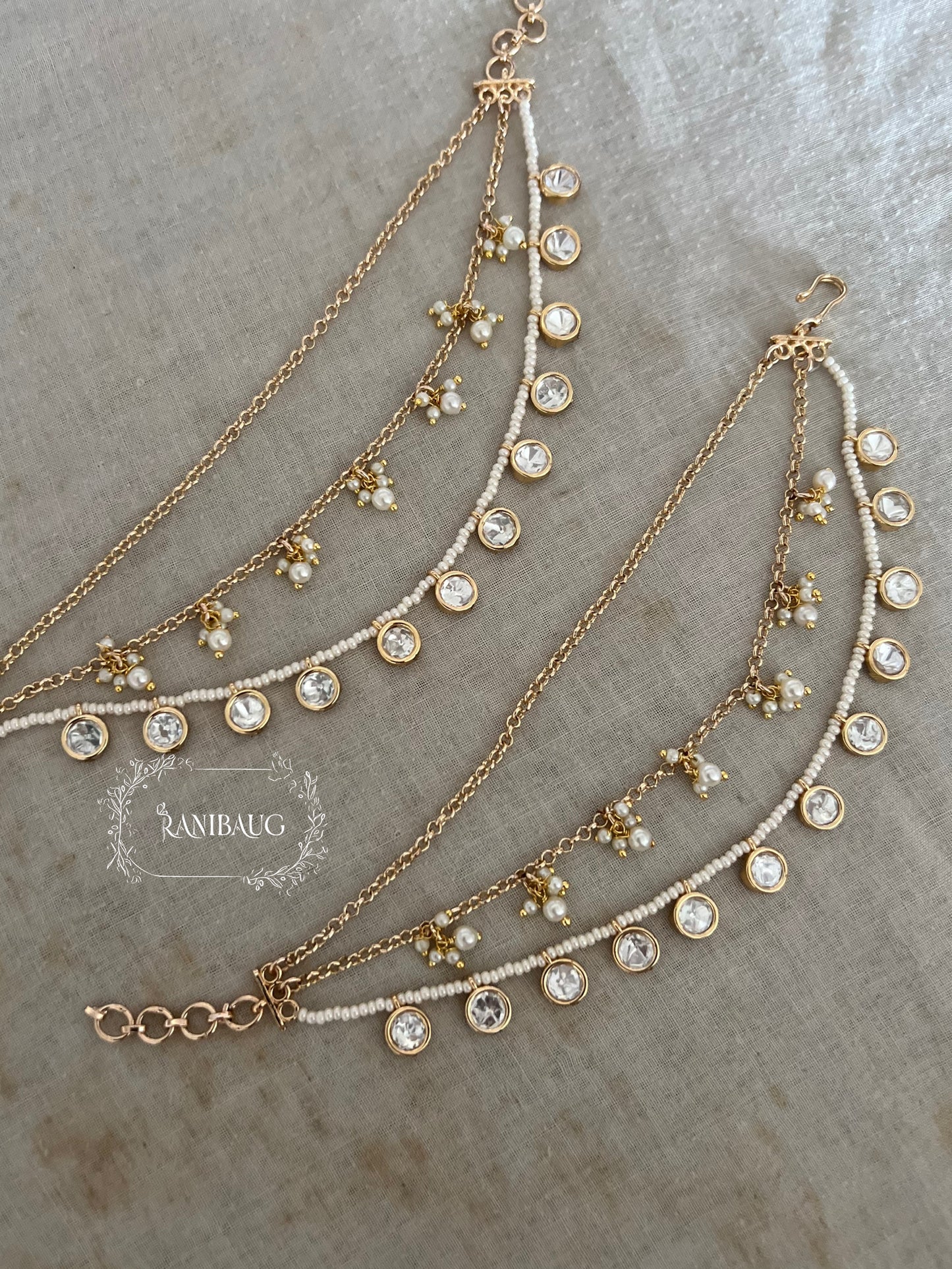 Samaa Gold Finish Bead Fringe Round Polki Drops In Pearls Ear Chain By Ranibaug