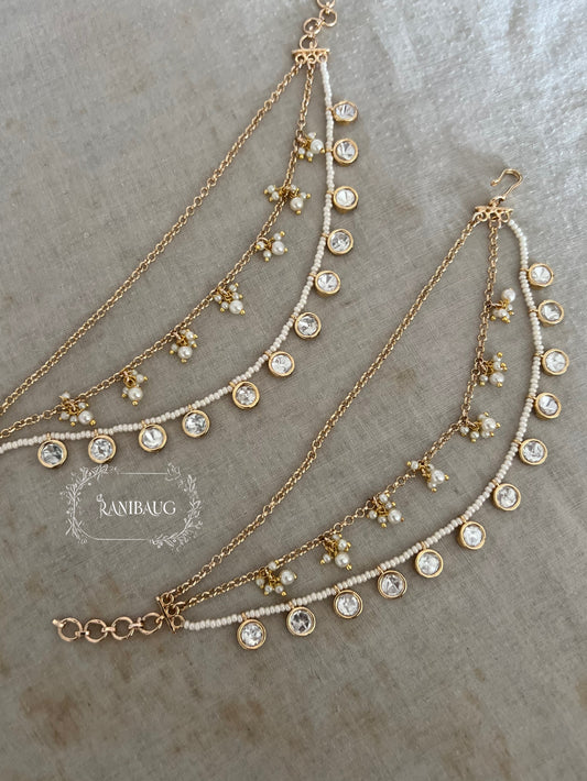 Samaa Gold Finish Bead Fringe Round Polki Drops In Pearls Ear Chain By Ranibaug