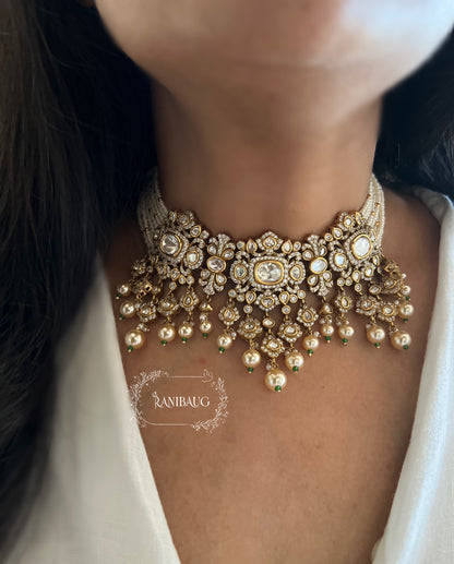 Samaira Vintage Choker In Rich Victorian Finish With Polki Kundan And Pearl Fringes By Ranibaug | Necklace Jewellery Set With Maangtika