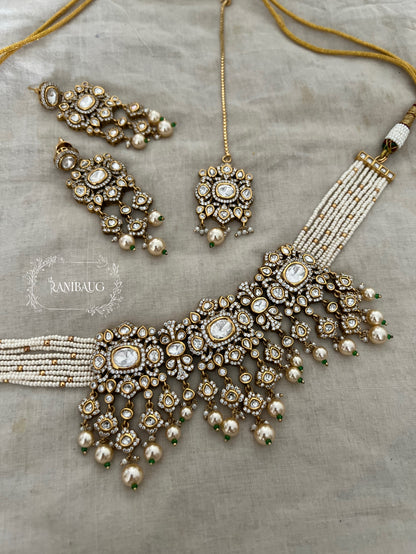Samaira Vintage Choker In Rich Victorian Finish With Polki Kundan And Pearl Fringes By Ranibaug | Necklace Jewellery Set With Maangtika