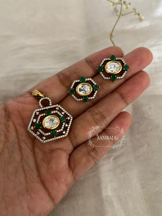 Samira Kundan Solitaire Green Hexagonal Pendant Set In Victorian Finish By Ranibaug
