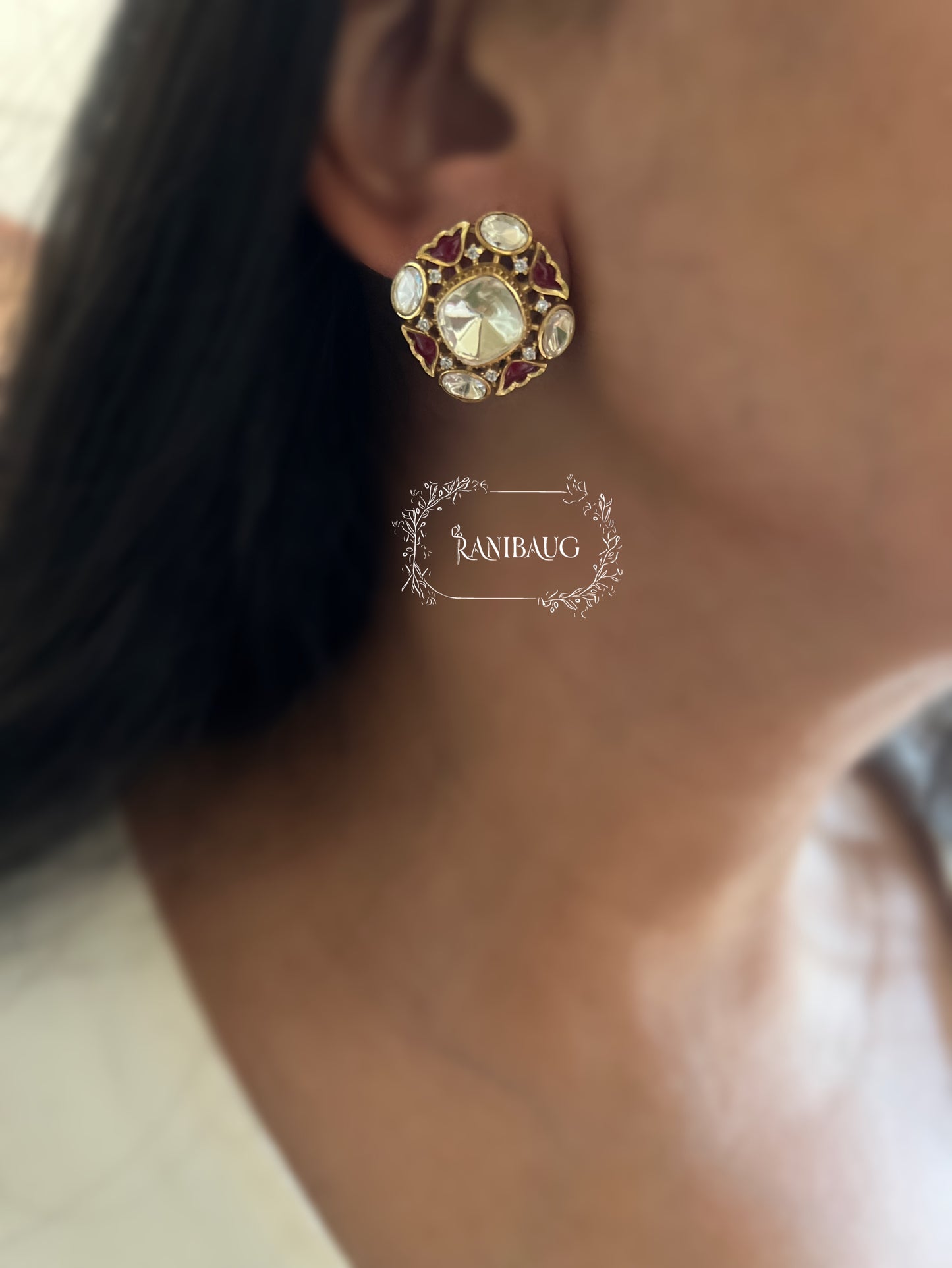 Samira Ruby Red And Polki Kundan Stones Studded Gold Tone Ear Stud By Ranibaug