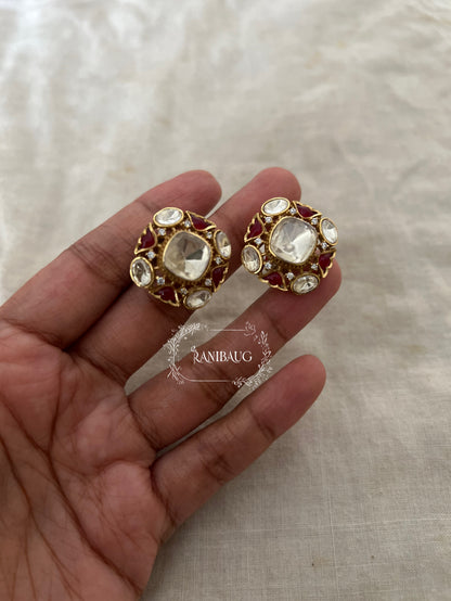 Samira Ruby Red And Polki Kundan Stones Studded Gold Tone Ear Stud By Ranibaug