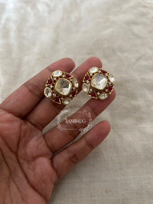 Samira Ruby Red And Polki Kundan Stones Studded Gold Tone Ear Stud By Ranibaug