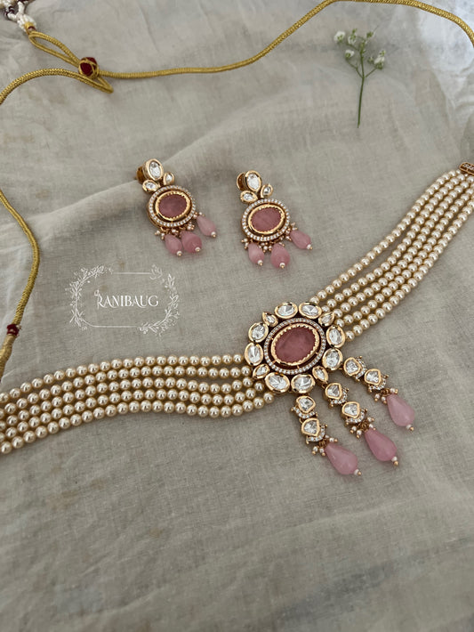 Samriddhi Gold Toned Polki And Pearl Choker With Oval Gemstone Motif Jewellery Set By Ranibaug