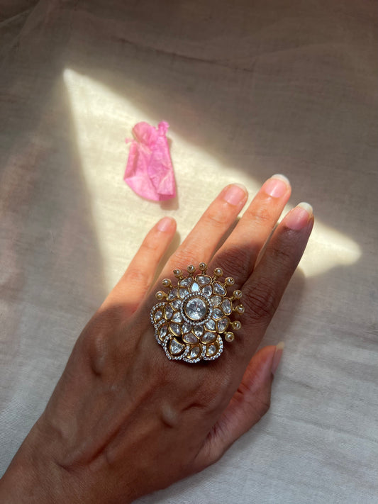 Samyati Unique Color Beaded Kundan Studded Ring In Rich Gold Tone By Ranibaug
