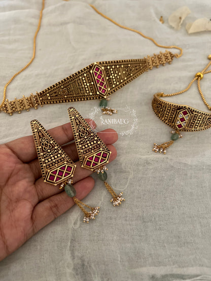 Samyukhta Unique Gold Tribal Inspired Designer Heritage Choker Set By Ranibaug