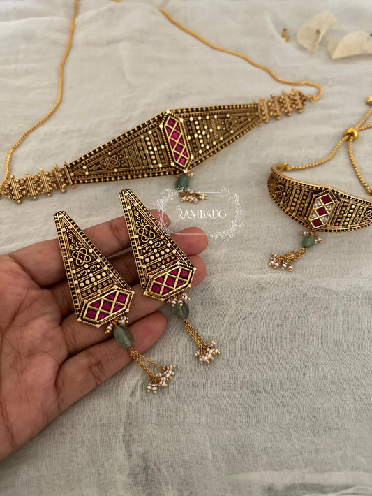 Samyukhta Unique Gold Tribal Inspired Designer Heritage Choker Set By Ranibaug