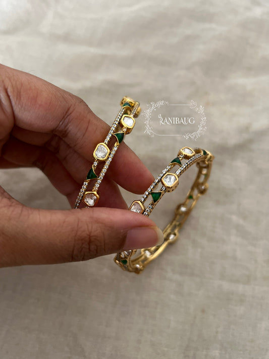 Sanchi Designer Mossainite Polki Studded Premium Gold Finish Two Line Bangle Jewelry By Ranibaug