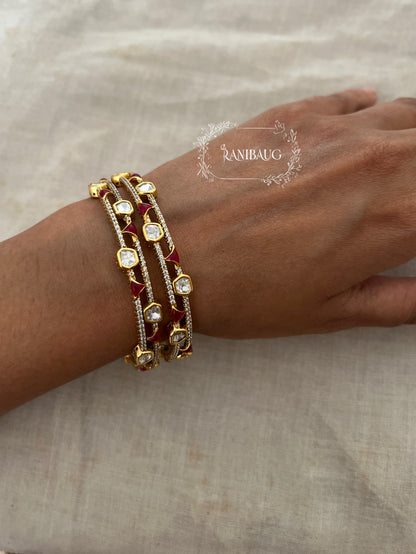 Sanchi Designer Mossainite Polki Studded Premium Gold Finish Two Line Bangle Jewelry By Ranibaug