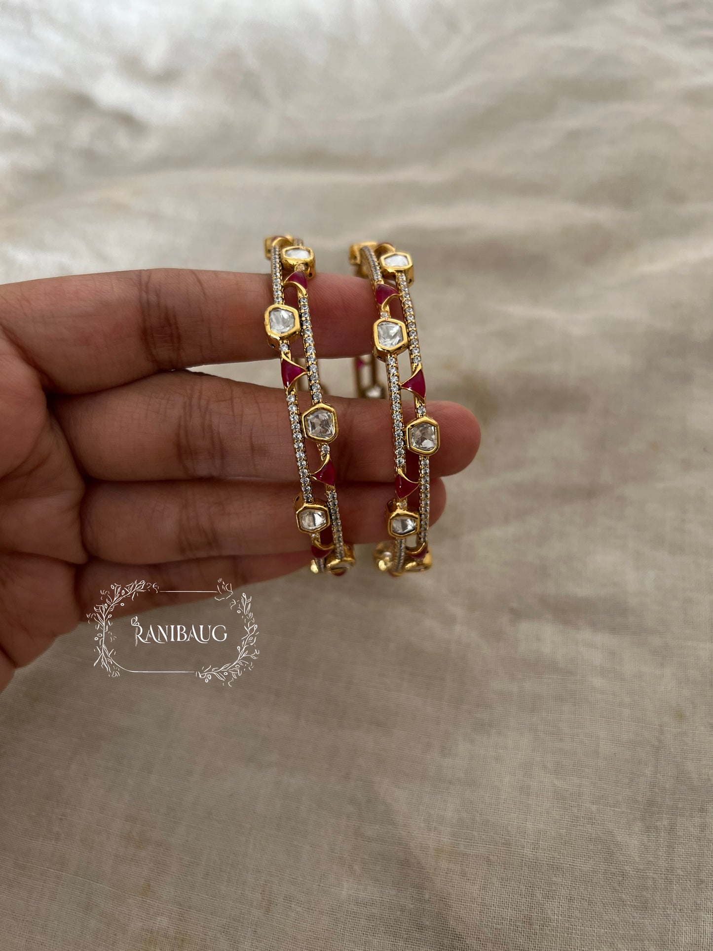 Sanchi Designer Mossainite Polki Studded Premium Gold Finish Two Line Bangle Jewelry By Ranibaug