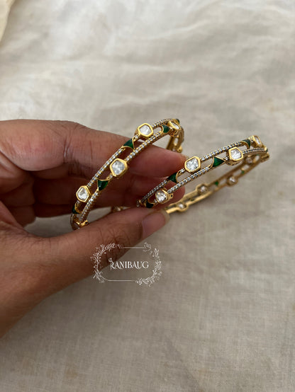 Sanchi Designer Mossainite Polki Studded Premium Gold Finish Two Line Bangle Jewelry By Ranibaug