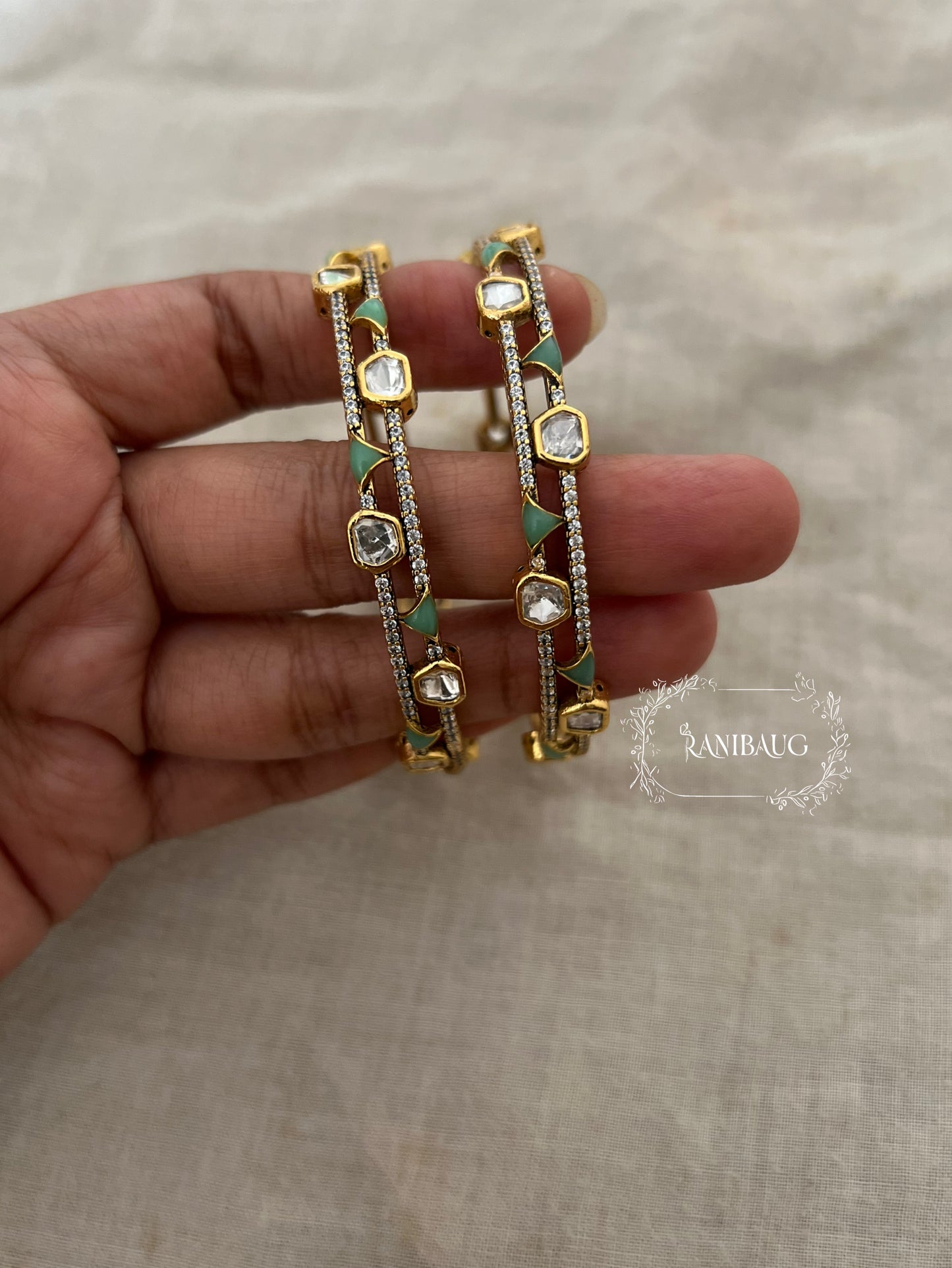 Sanchi Designer Mossainite Polki Studded Premium Gold Finish Two Line Bangle Jewelry By Ranibaug