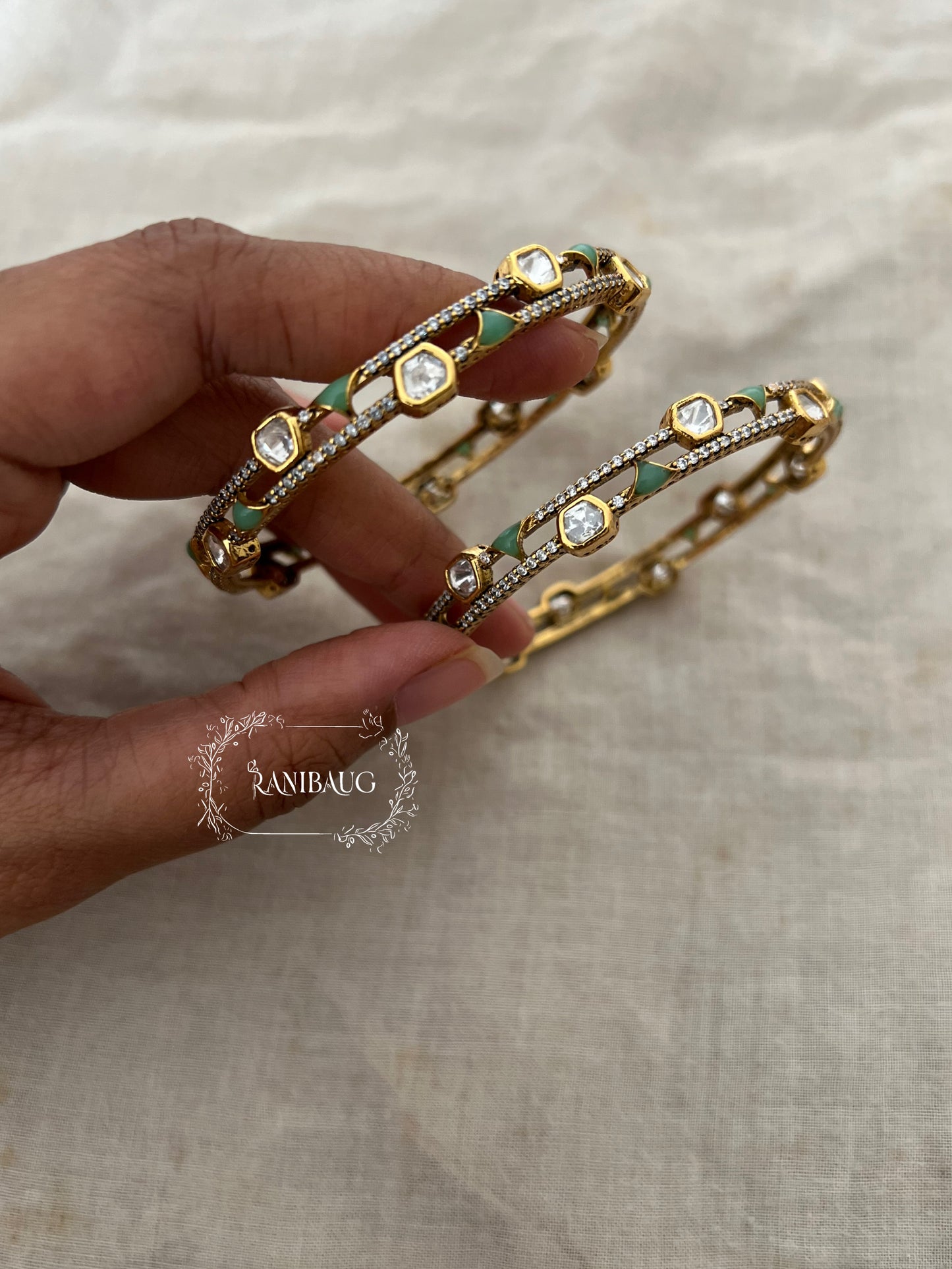 Sanchi Designer Mossainite Polki Studded Premium Gold Finish Two Line Bangle Jewelry By Ranibaug