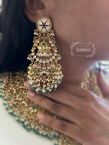 Sanidhya Rich Gold Finish Luminous Floral Cluster Design Pearl And Bead Fringe Heavy Necklae Jewellery Set For Bride By Ranibaug | Heritage Bridal Jewelry