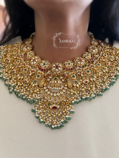 Sanidhya Rich Gold Finish Luminous Floral Cluster Design Pearl And Bead Fringe Heavy Necklae Jewellery Set For Bride By Ranibaug | Heritage Bridal Jewelry